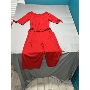 NWT Lauren Ralph Lauren Red Off Shoulder Jumpsuit L Tie Waist